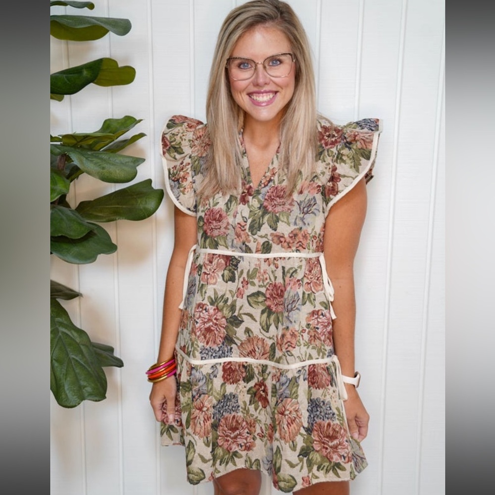 NWT Entro Jacquard Ruffle Sleeve Dress with ties